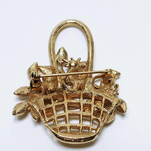 Vintage Flower Basket Brooch 2" Gold Flower Pinks & Blue Beads (jb3) - Picture 4 of 4